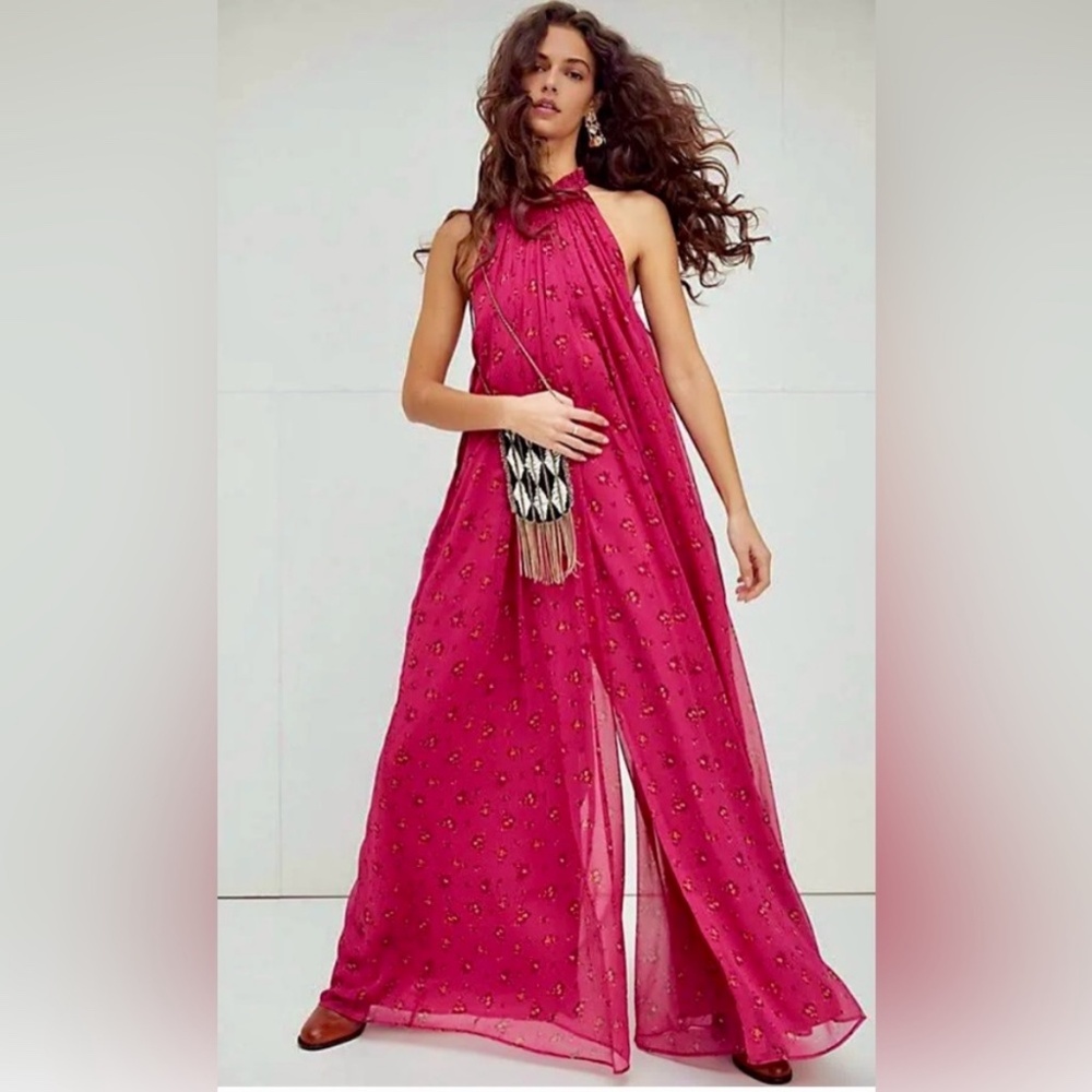 Free People Edge Of Love Jumpsuit Womens XS Floral Pink Fairy Wide Leg Ethereal
